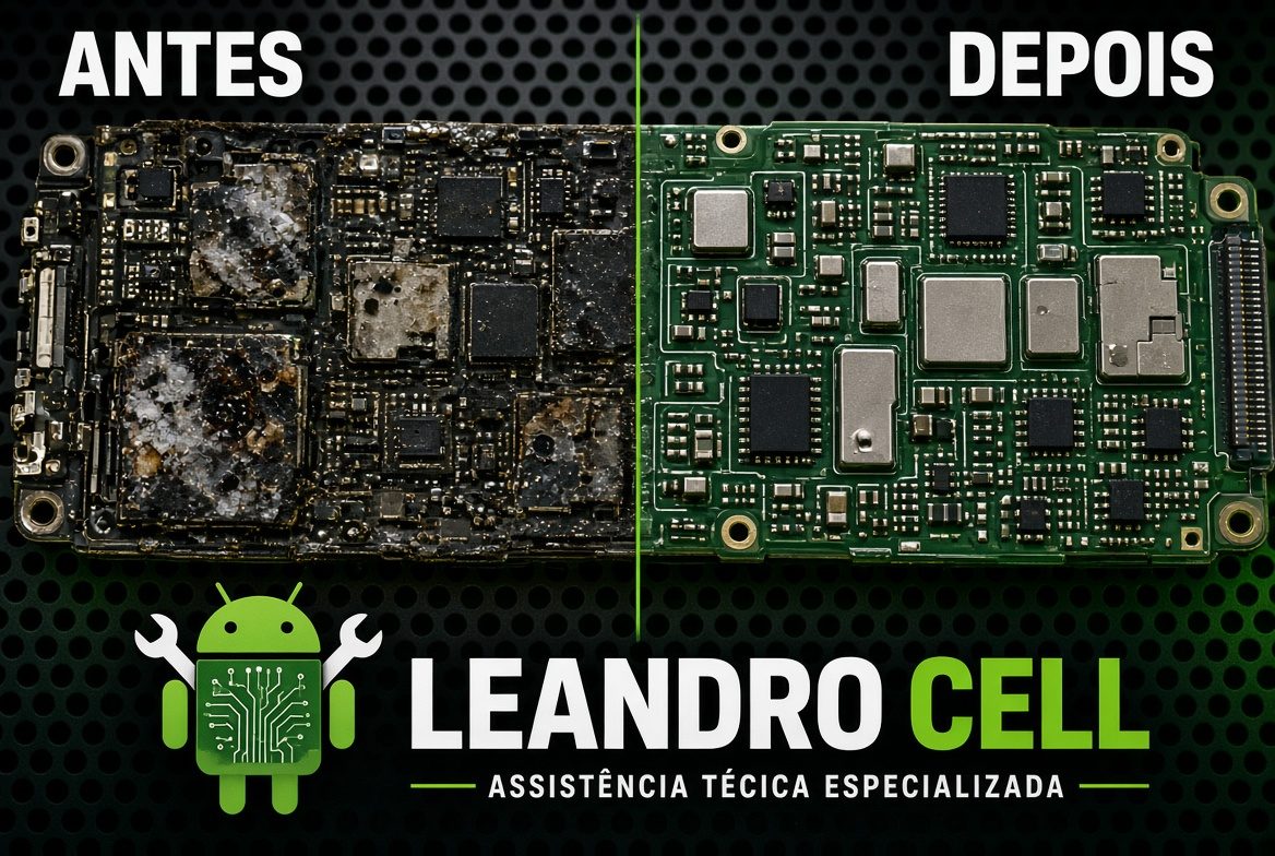 Placa de celular antes e depois do reparo